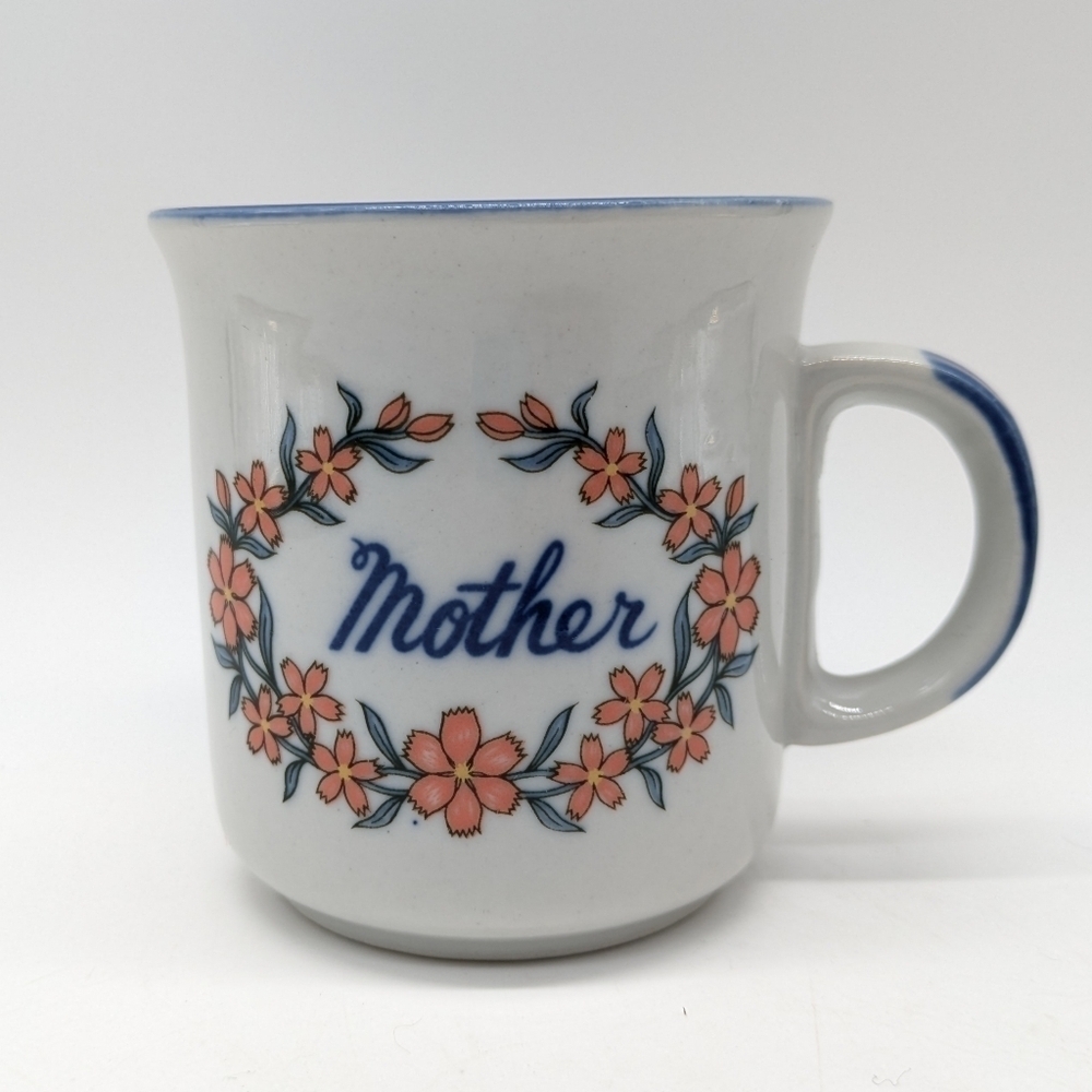 Vintage Mother blue grey peach floral ceramic coffee mug